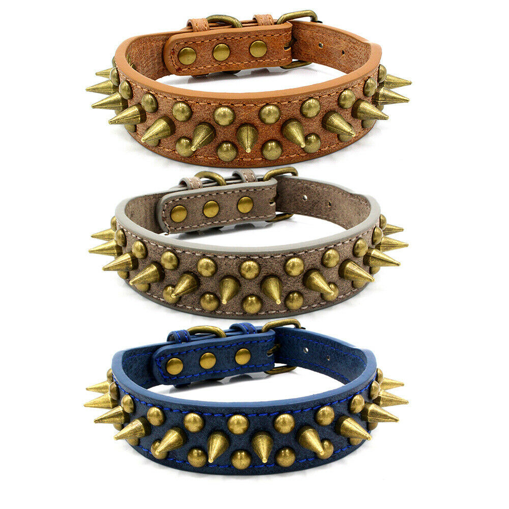 HKM-1984061 Retro Spiked Rivet Dog Collar in Leather for Large Breeds, Sizes S-XL