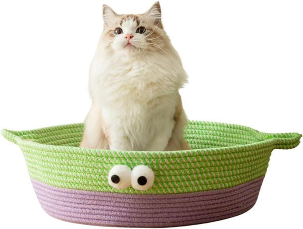 HKM-198547 Woven Cotton Rope Cat Bed - Round, Washable Pet Nest for Indoor Cats and Small Dogs, Breathable & Scratch Resistant