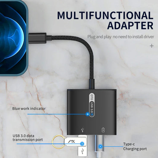 HKM-198611 2-in-1 USB Type-C OTG to USB 3.0 Adapter for Fast Charging Compatibility with Smartphones and Tablets