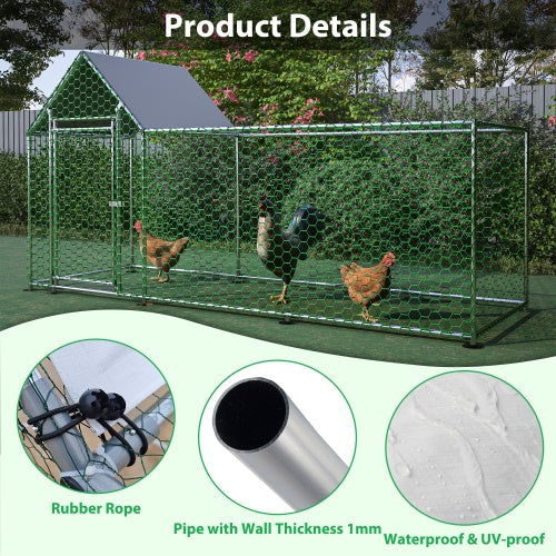 HKM-1986237 Metal Chicken Coop with Lid - 10x3FT Poultry Habitat Cage for Backyard Use, Durable and Spacious with UV-Resistant Cover