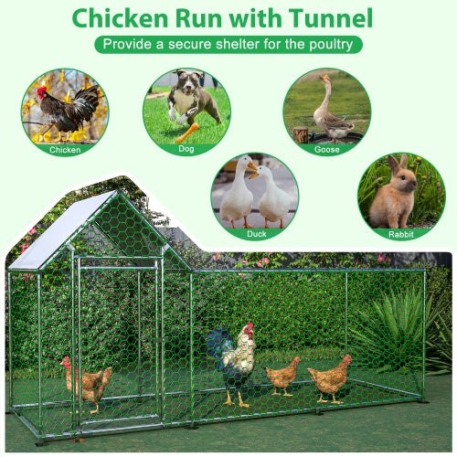 HKM-1986237 Metal Chicken Coop with Lid - 10x3FT Poultry Habitat Cage for Backyard Use, Durable and Spacious with UV-Resistant Cover