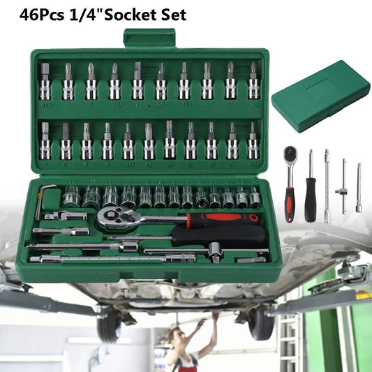 HKM-198739 46-Piece 1/4 Inch Drive Metric Socket and Ratchet Wrench Tool Set for Automotive and Household Repairs