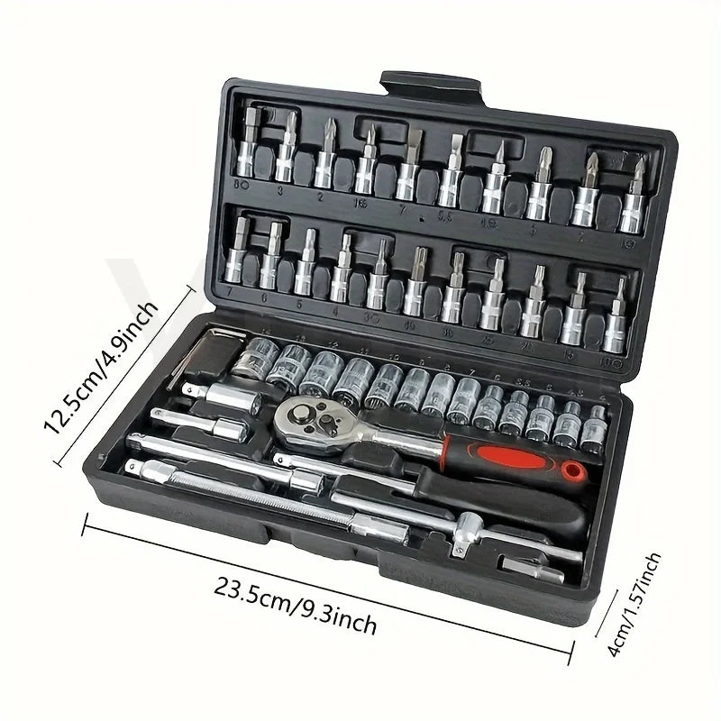 HKM-198739 46-Piece 1/4 Inch Drive Metric Socket and Ratchet Wrench Tool Set for Automotive and Household Repairs