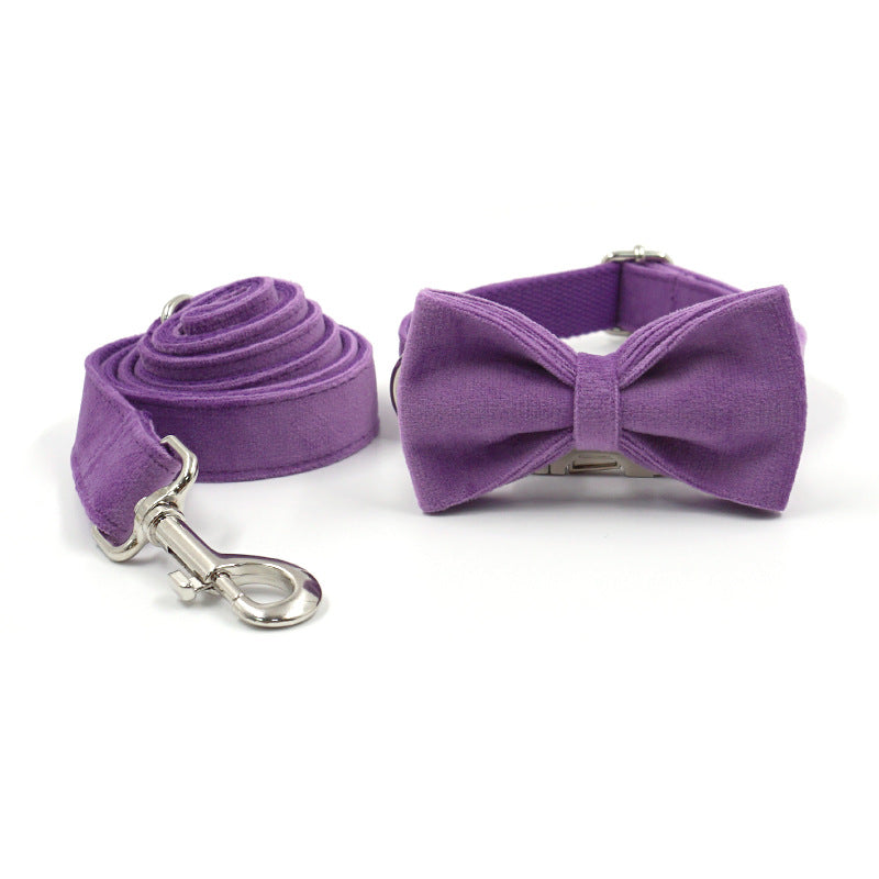 HKM-1988157 Purple Velvet Dog Collar and Leash Set with Drawstring Bow - Available in Multiple Sizes