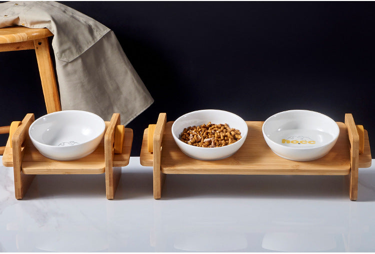 HKM-1988541 Adjustable Bamboo Cat Dining Table with Anti-Overturning Design and Easy-Clean Bowls