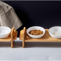 HKM-1988541 Adjustable Bamboo Cat Dining Table with Anti-Overturning Design and Easy-Clean Bowls