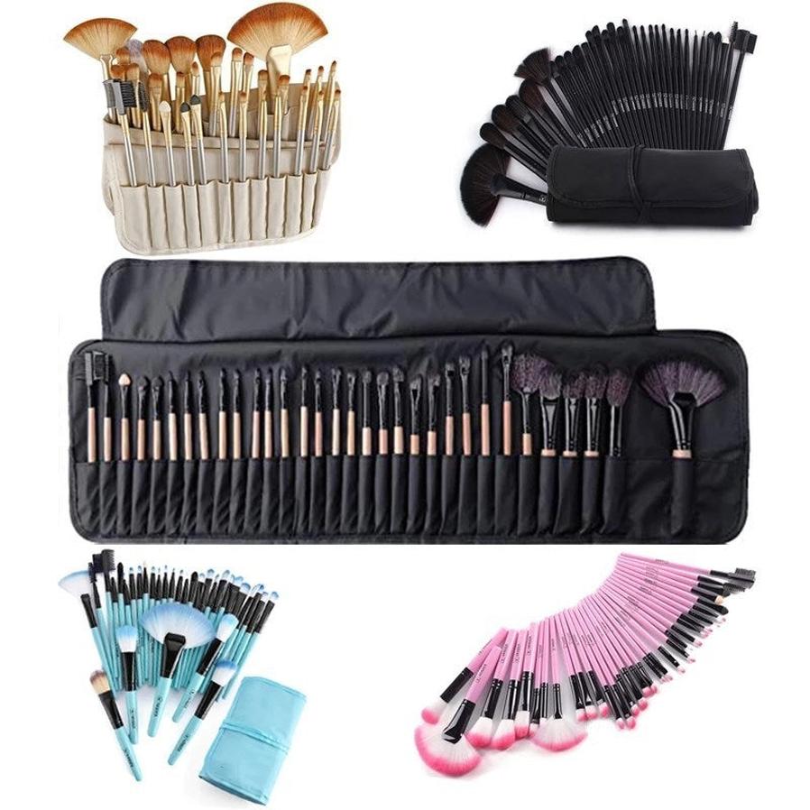 HKM-198931 32-Piece Makeup Brush Set with Bag – Artificial Fiber Bristles, Includes Pink, Purple, Black, and Log Color Brushes