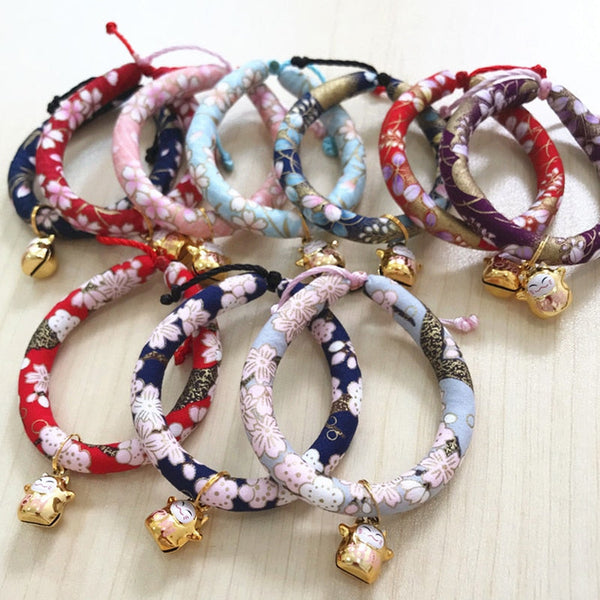 HKM-1990333 Japanese Fabric Pet Collar with Adjustable Drawstring and Bell for Cats and Dogs