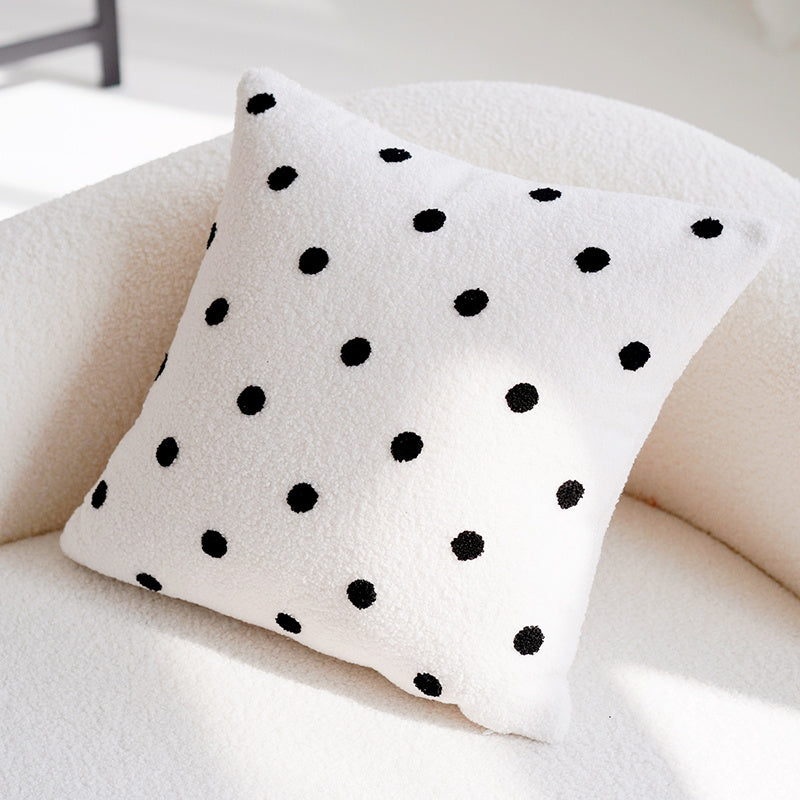 HKM-199763 Cute Plush Square Pillow Cover in Milky White, Black Polka Dot, and Caramel Colors, 45x45 cm