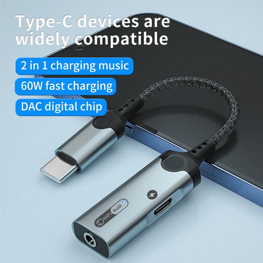 HKM-199763 Type C to 3.5mm Headphone Jack and PD 60W Charging Adapter for iPhone 15 - HiFi Digital Audio Aux Splitter
