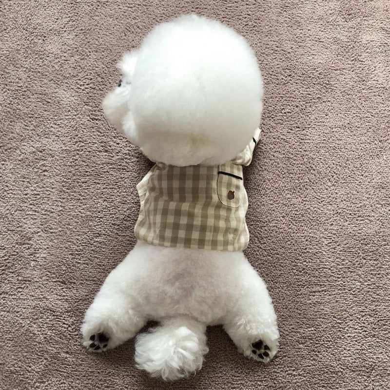 HKM-2000701 Khaki and Navy Blue Check Cotton Pajamas for Dogs with Pockets