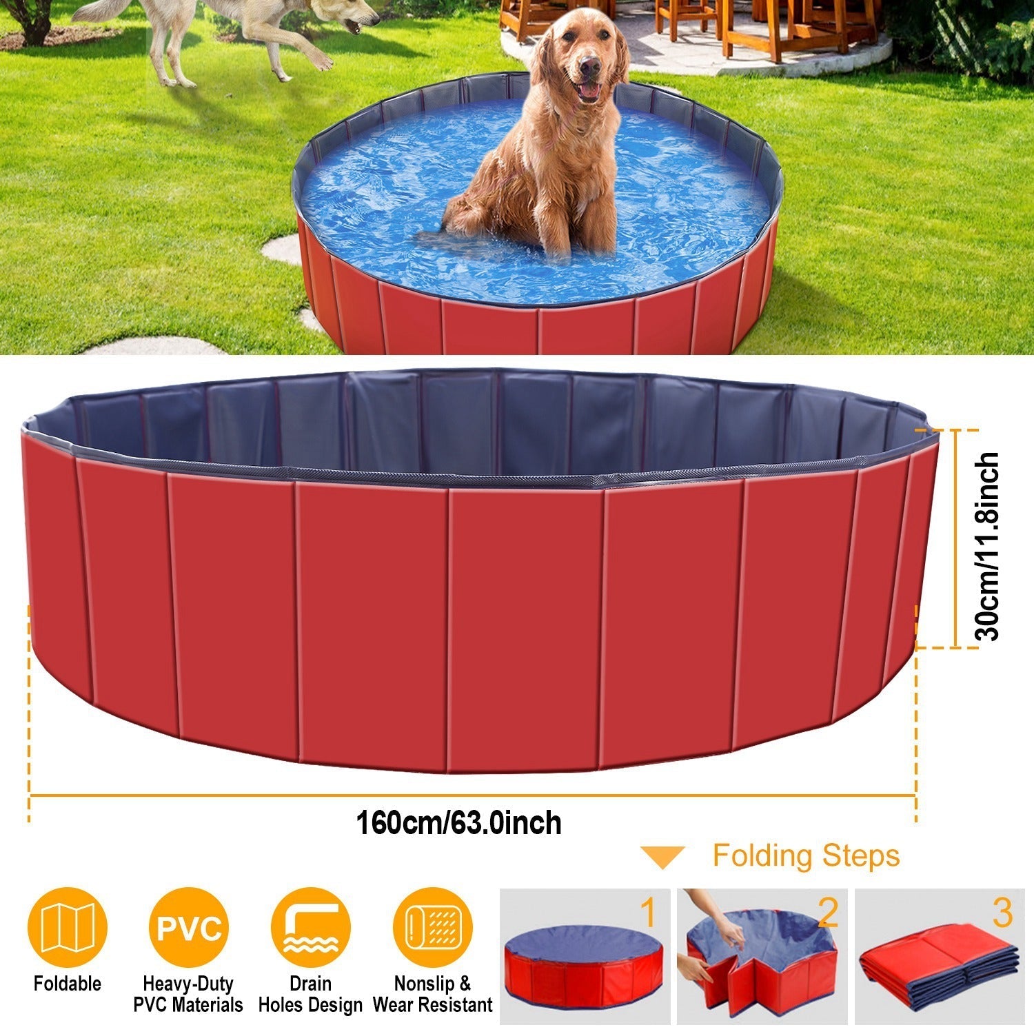 HKM-2001725 Foldable Pet Swimming Pool 160 x 160 x 30 cm Portable PVC Bathing Tub for Dogs and Cats