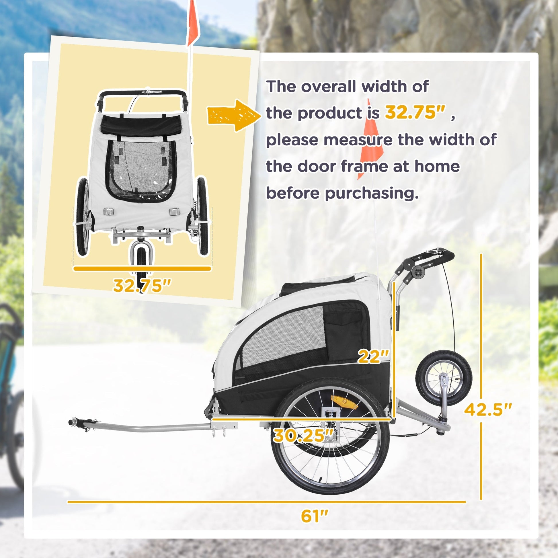 HKM-2005309 2-in-1 Pet Bike Trailer and Stroller with Canopy, Storage Pockets, Steel Frame