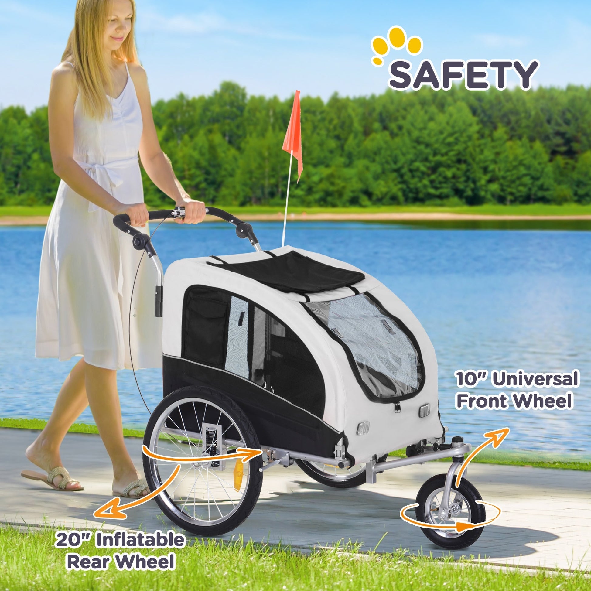 HKM-2005309 2-in-1 Pet Bike Trailer and Stroller with Canopy, Storage Pockets, Steel Frame