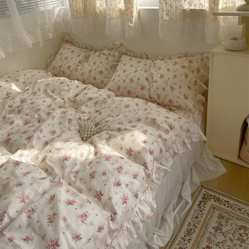 HKM-200851 Cotton Lace Bed Sheet Set with Quilt Cover and Bed Skirt - Minimalist Design