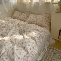HKM-200851 Cotton Lace Bed Sheet Set with Quilt Cover and Bed Skirt - Minimalist Design
