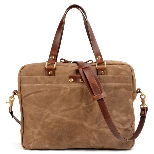 HKM-201427 Waxed Canvas and Leather Business Briefcase for 15.6 Inch Laptops - Retro Style, Waterproof, Multiple Colour Options