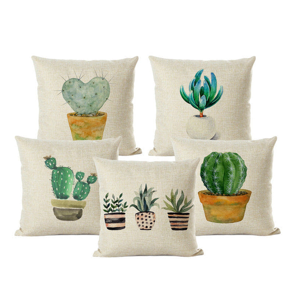 HKM-201555 Cactus Print Cotton Linen Cushion Cover for Home and Car Interiors, 45cm x 45cm