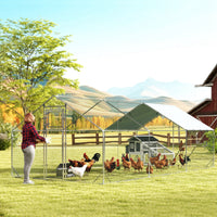 HKM-2019005 Spacious Metal Chicken Run with Waterproof UV Cover and Feeding Door for 18-24 Chickens, Dimensions 9.8' x 19.7' x 6.4'