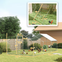 HKM-2019005 Spacious Metal Chicken Run with Waterproof UV Cover and Feeding Door for 18-24 Chickens, Dimensions 9.8' x 19.7' x 6.4'