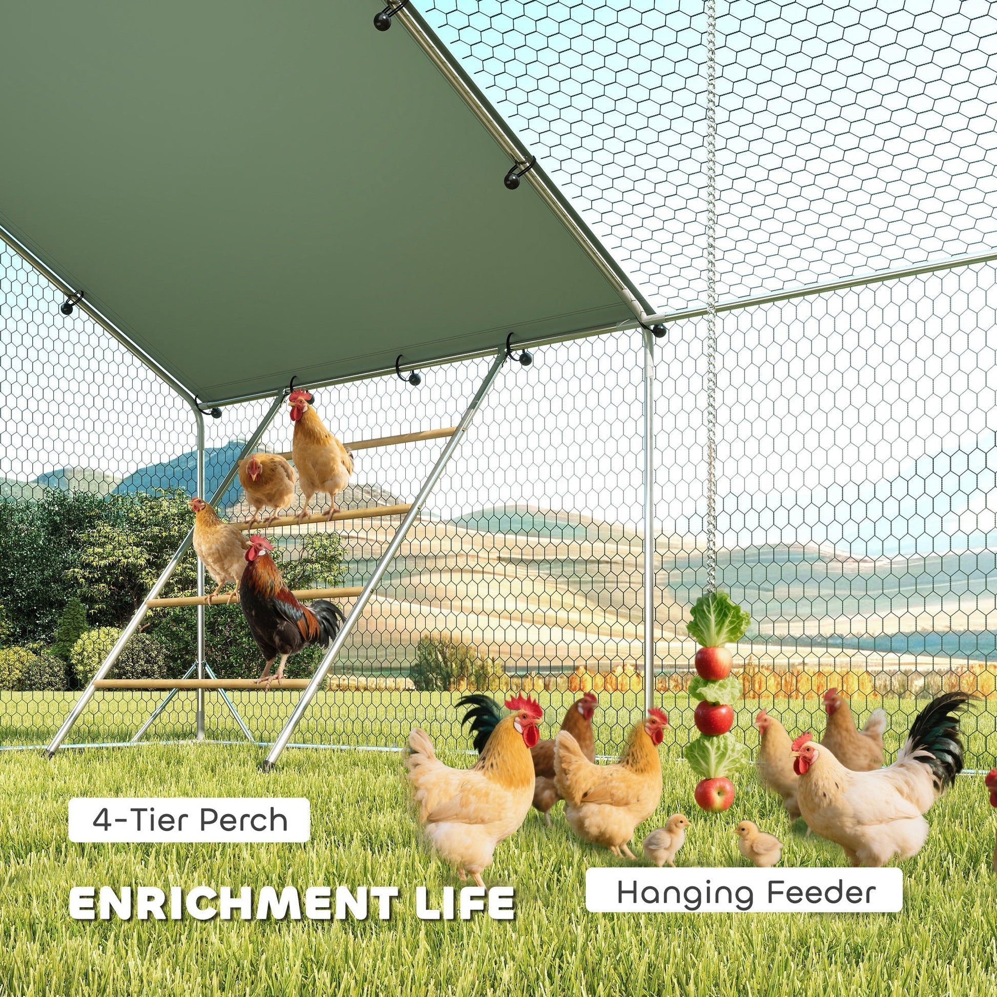 HKM-2019005 Spacious Metal Chicken Run with Waterproof UV Cover and Feeding Door for 18-24 Chickens, Dimensions 9.8' x 19.7' x 6.4'