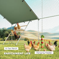 HKM-2019005 Spacious Metal Chicken Run with Waterproof UV Cover and Feeding Door for 18-24 Chickens, Dimensions 9.8' x 19.7' x 6.4'