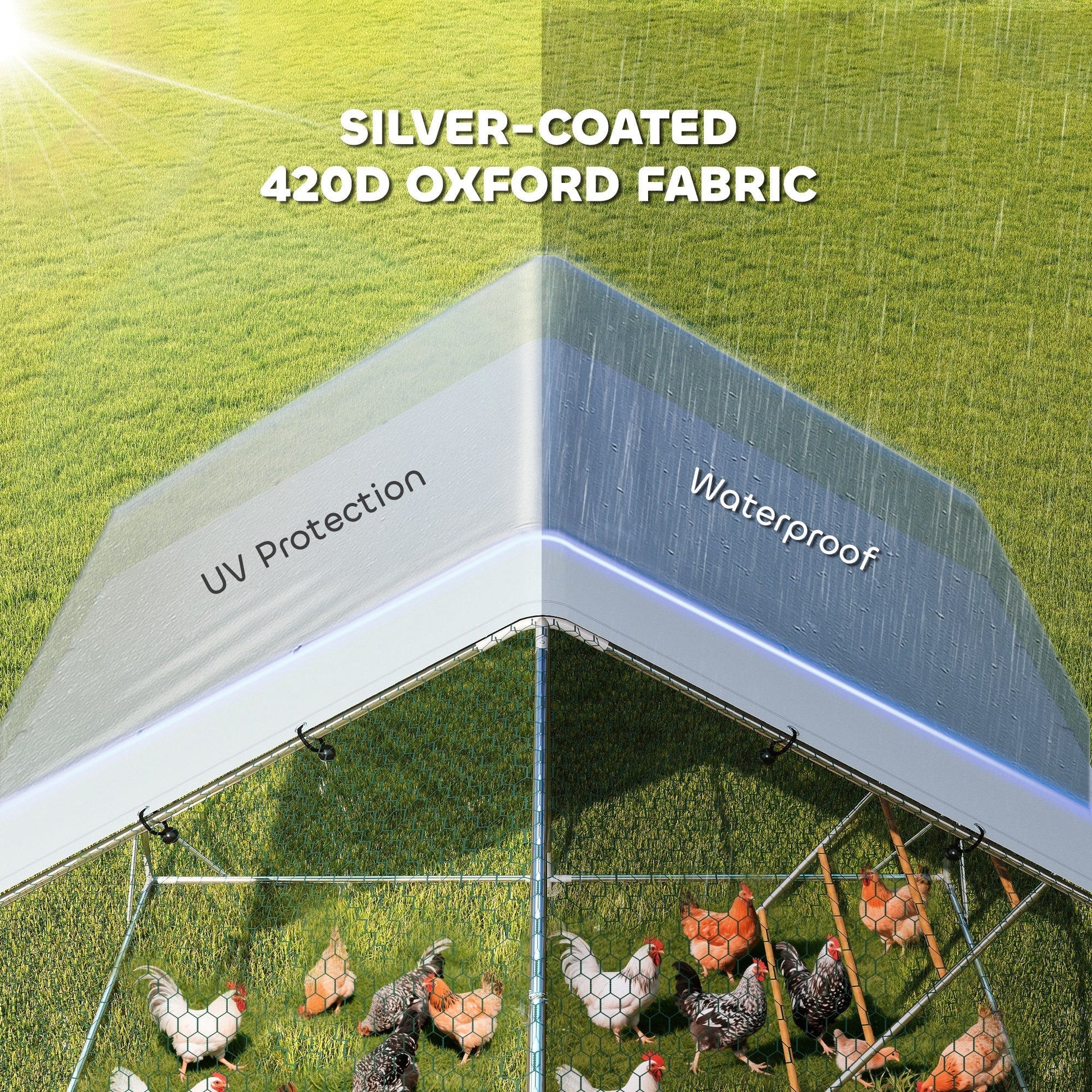 HKM-2019005 Spacious Metal Chicken Run with Waterproof UV Cover and Feeding Door for 18-24 Chickens, Dimensions 9.8' x 19.7' x 6.4'