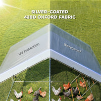 HKM-2019005 Spacious Metal Chicken Run with Waterproof UV Cover and Feeding Door for 18-24 Chickens, Dimensions 9.8' x 19.7' x 6.4'