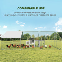 HKM-2019005 Spacious Metal Chicken Run with Waterproof UV Cover and Feeding Door for 18-24 Chickens, Dimensions 9.8' x 19.7' x 6.4'