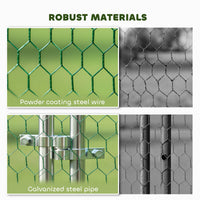 HKM-2019005 Spacious Metal Chicken Run with Waterproof UV Cover and Feeding Door for 18-24 Chickens, Dimensions 9.8' x 19.7' x 6.4'