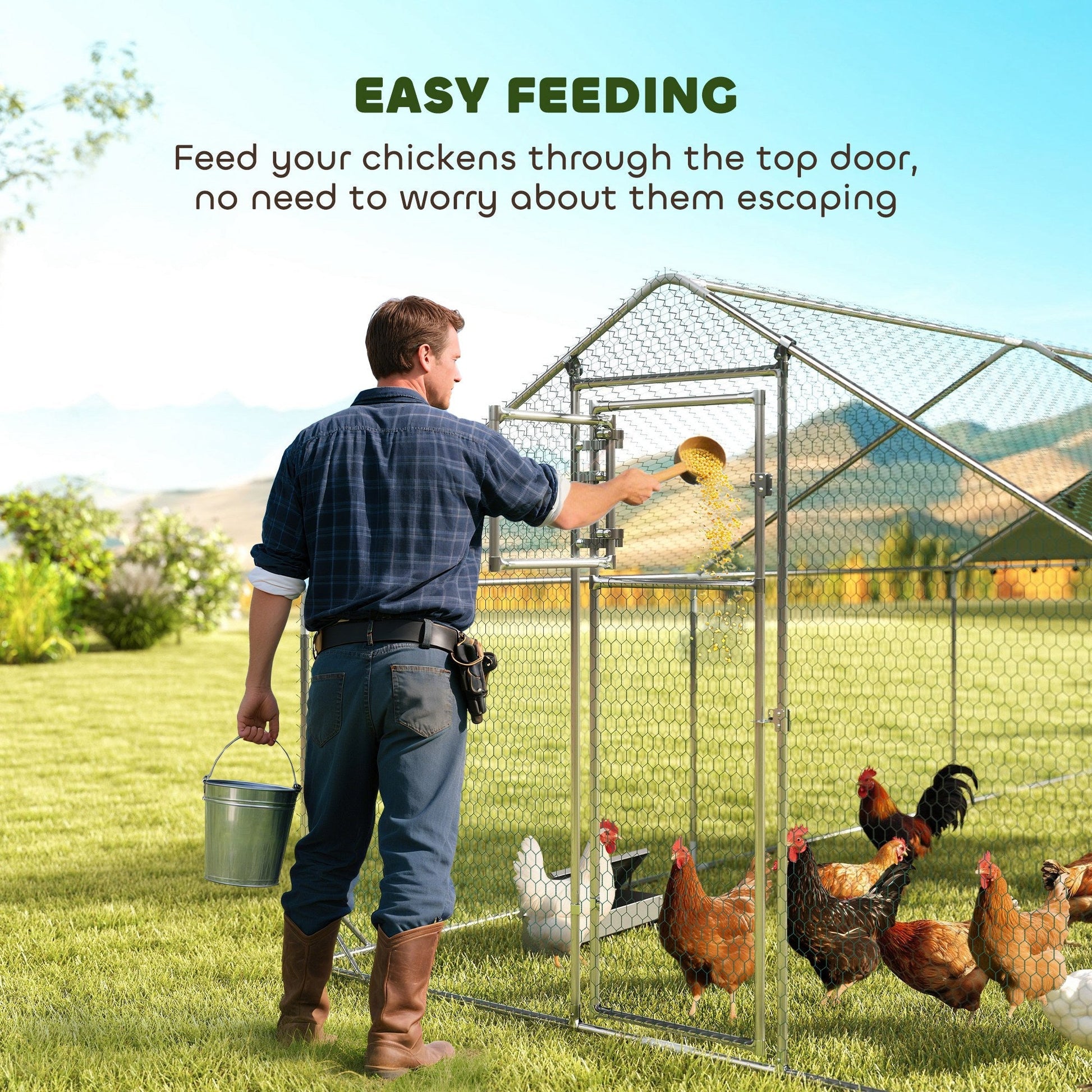 HKM-2019005 Spacious Metal Chicken Run with Waterproof UV Cover and Feeding Door for 18-24 Chickens, Dimensions 9.8' x 19.7' x 6.4'