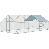 HKM-2019005 Spacious Metal Chicken Run with Waterproof UV Cover and Feeding Door for 18-24 Chickens, Dimensions 9.8' x 19.7' x 6.4'
