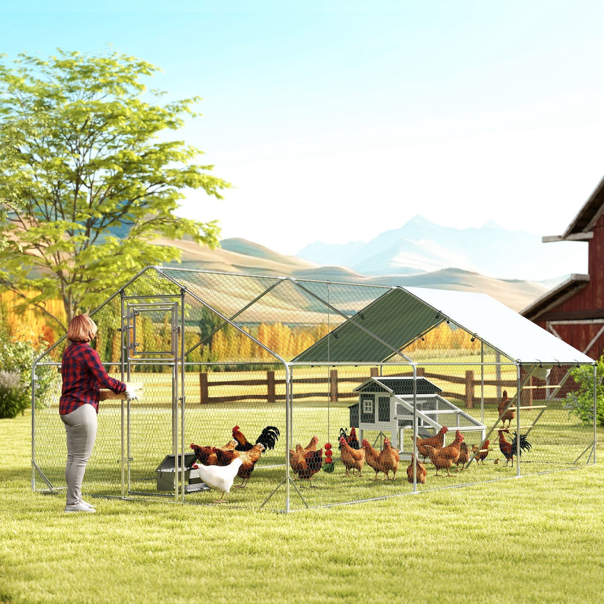 HKM-2019005 Spacious Metal Chicken Run with Waterproof UV Cover and Feeding Door for 18-24 Chickens, Dimensions 9.8' x 19.7' x 6.4'