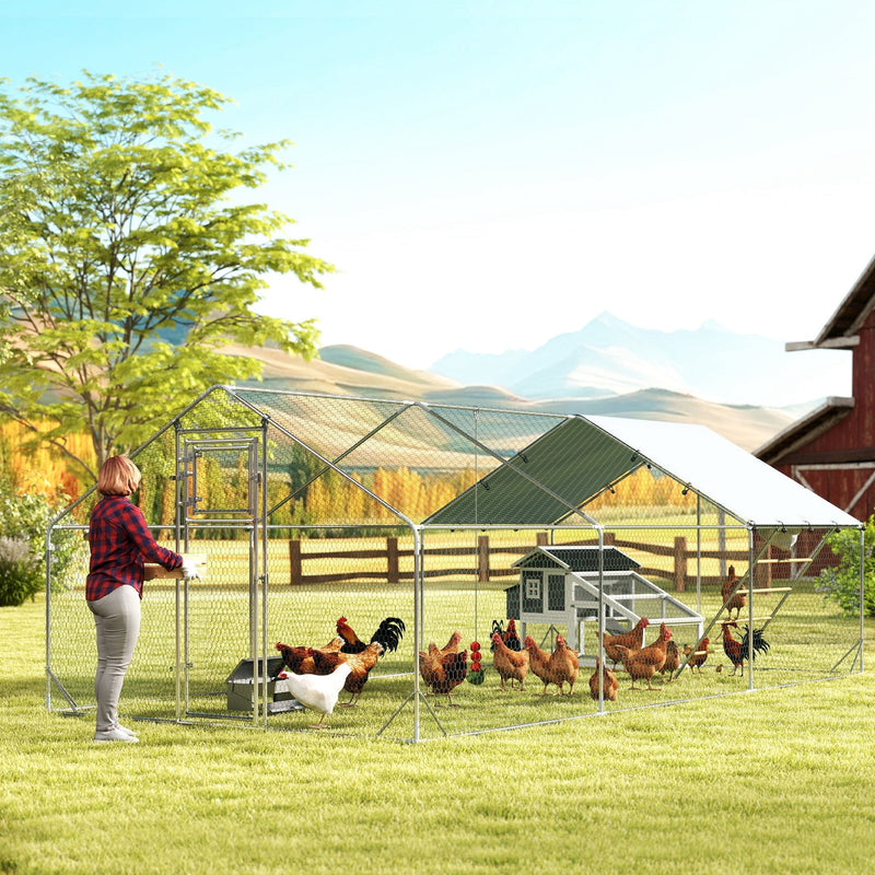 HKM-2019005 Spacious Metal Chicken Run with Waterproof UV Cover and Feeding Door for 18-24 Chickens, Dimensions 9.8' x 19.7' x 6.4'