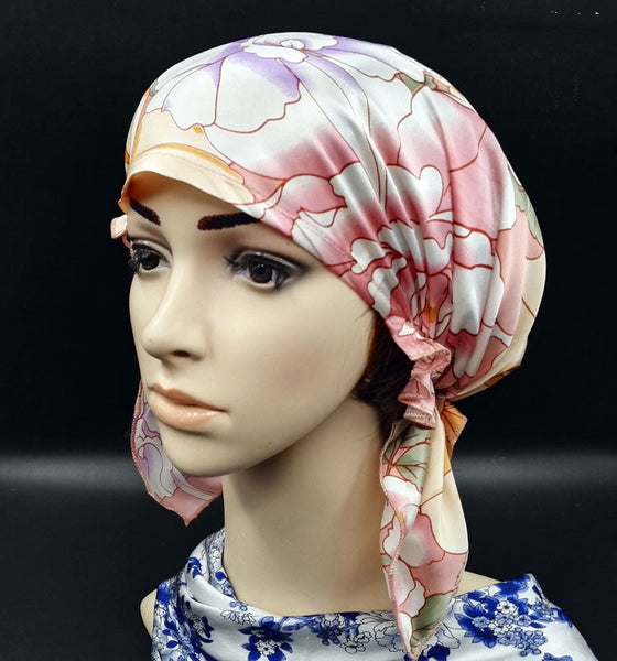 HKM-202579 Satin Flower Print Nightcap with Short Brim for Home Hair Care