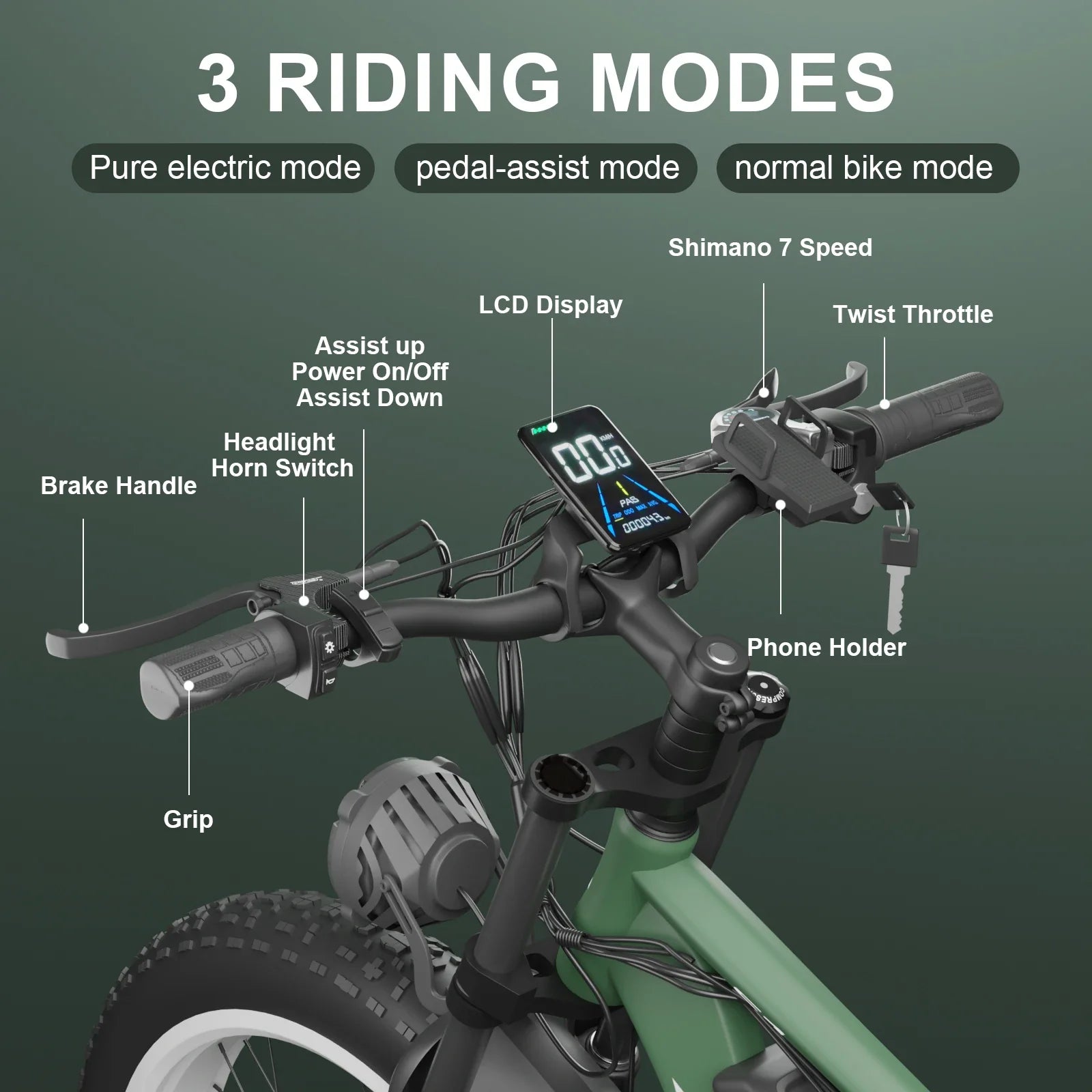 HKM-202707 26-Inch Electric Off-Road Fat Tire Bike, 48V 2000W, 7-Speed Shimano, Hydraulic Disc Brakes, Aluminum Frame, Color LCD Display