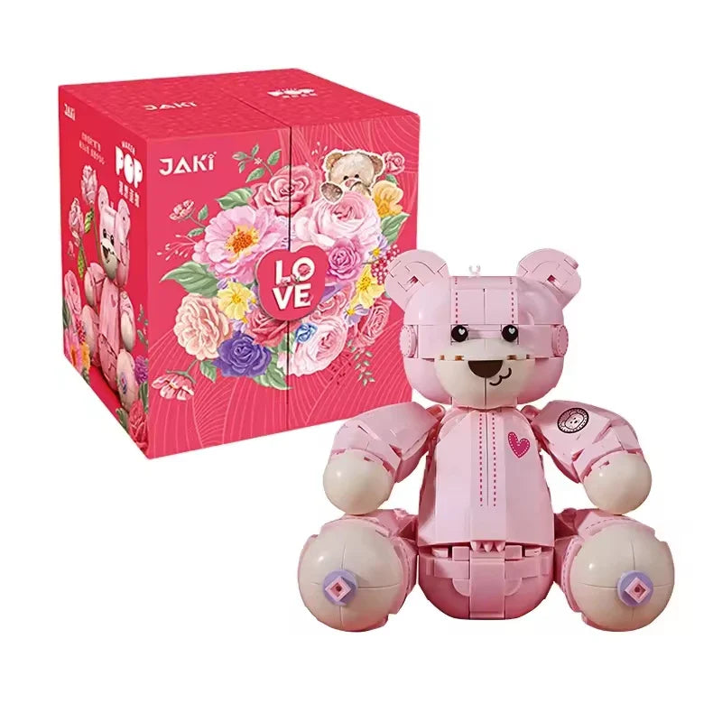 HKM-202963 Pink Bear Building Block Set with Rose - DIY Model Toy for Girls and Women, Perfect for Valentine's Day