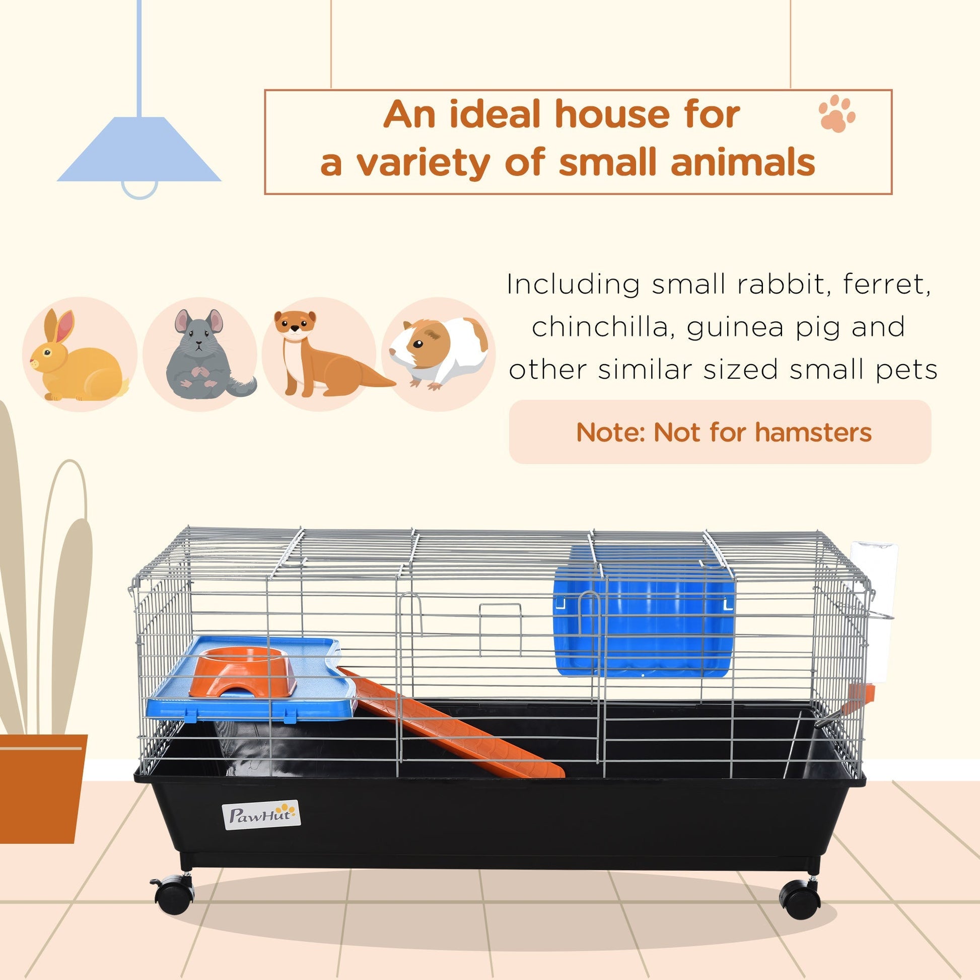 HKM-2030525 Durable 35"L Small Animal Cage for Rabbits, Chinchillas, and Guinea Pigs with Food Dish, Water Bottle, and Ramp