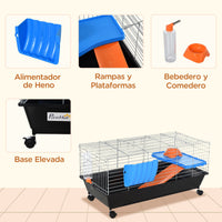 HKM-2030525 Durable 35"L Small Animal Cage for Rabbits, Chinchillas, and Guinea Pigs with Food Dish, Water Bottle, and Ramp