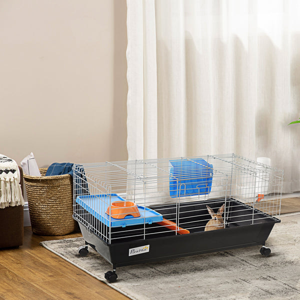 HKM-2030525 Durable 35"L Small Animal Cage for Rabbits, Chinchillas, and Guinea Pigs with Food Dish, Water Bottle, and Ramp