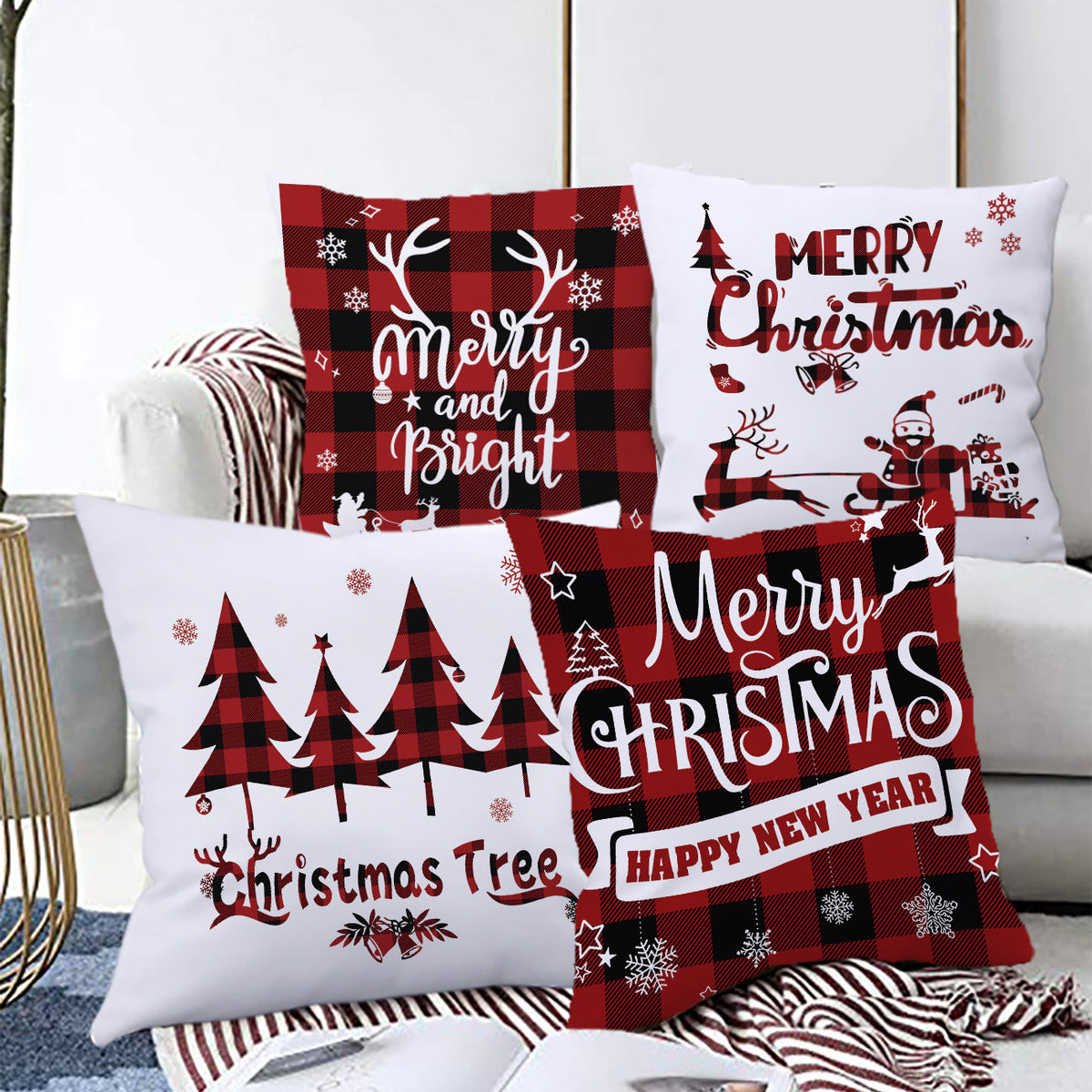 HKM-203219 Cartoon Santa Claus and Elk Holiday Pillow Covers - Decorative Cushion Covers 45x45cm, Multiple Sets Available
