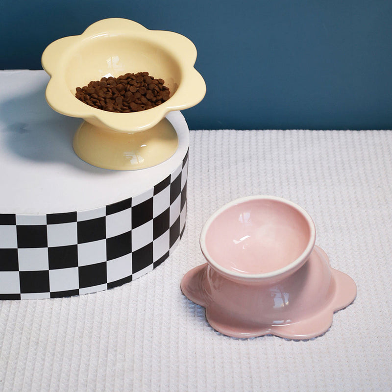 HKM-2032829 Oblique Mouth High Foot Ceramic Pet Bowl in Yellow and Purple Options