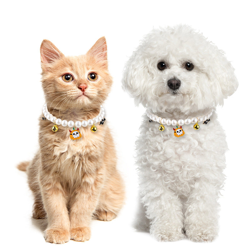 HKM-2034109 Pet Pearl Necklace Set for Halloween – Cat and Dog Neck Ornament with Bells