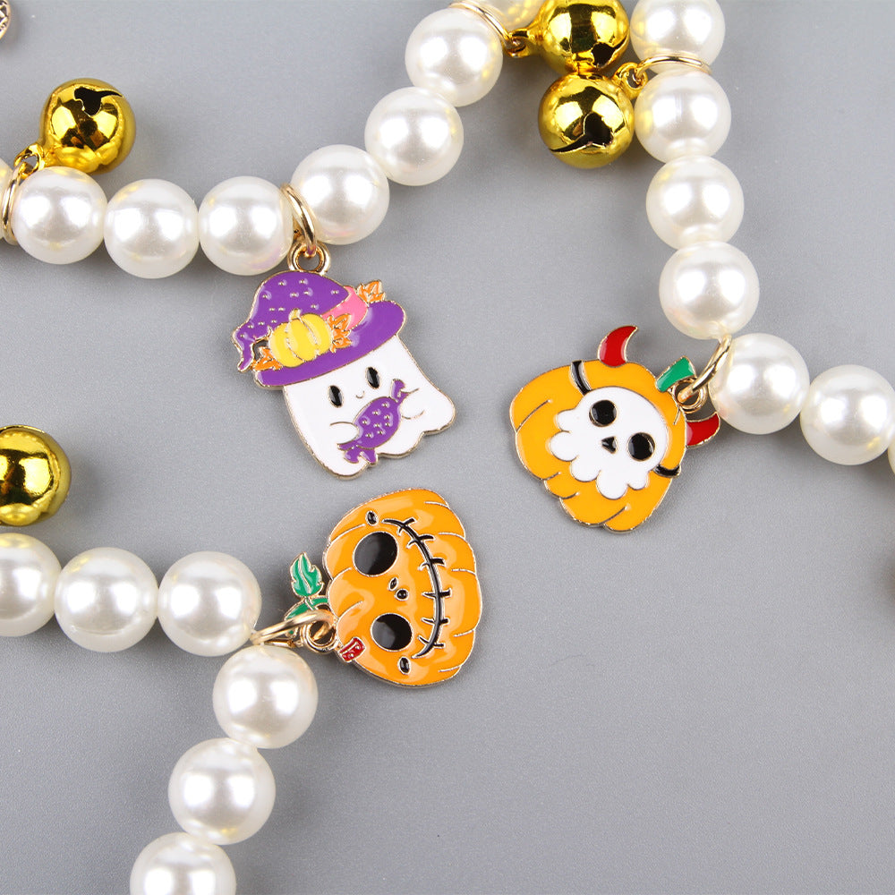 HKM-2034109 Pet Pearl Necklace Set for Halloween – Cat and Dog Neck Ornament with Bells