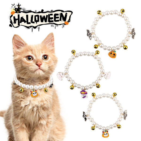 HKM-2034109 Pet Pearl Necklace Set for Halloween – Cat and Dog Neck Ornament with Bells