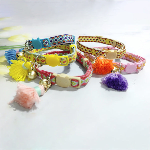 HKM-2034621 Anti-Suffocation Adjustable Cat Collar with Tassel Bell and Safety Buckle - Variety of Colors Available