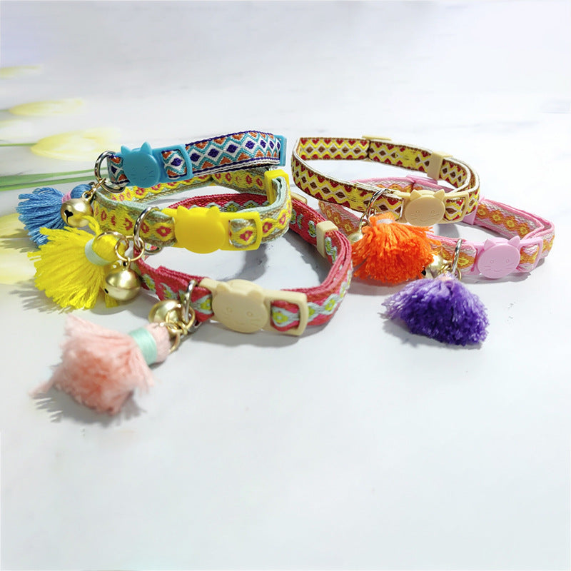 HKM-2034621 Anti-Suffocation Adjustable Cat Collar with Tassel Bell and Safety Buckle - Variety of Colors Available