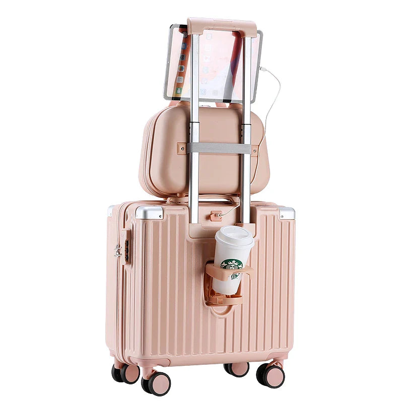 HKM-203539 Cute 18 Inch Travel Trolley Suitcase for Girls with Printed Design and Cup Holder