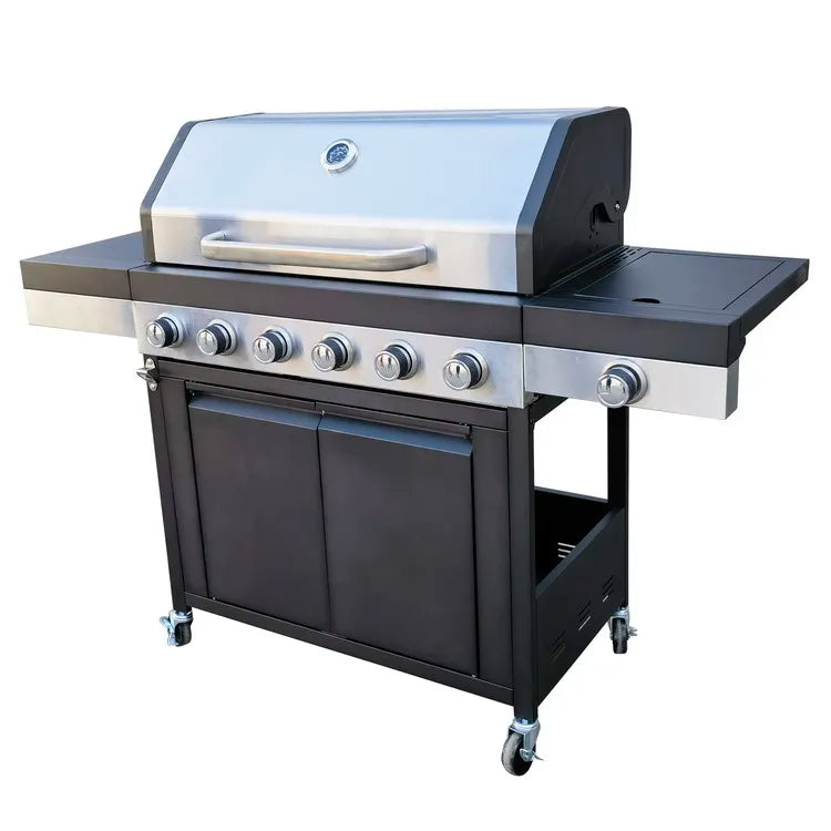 HKM-203667 Extra Large 6 Burner Gas BBQ Grill with Side Burner and Removable Grease Pan