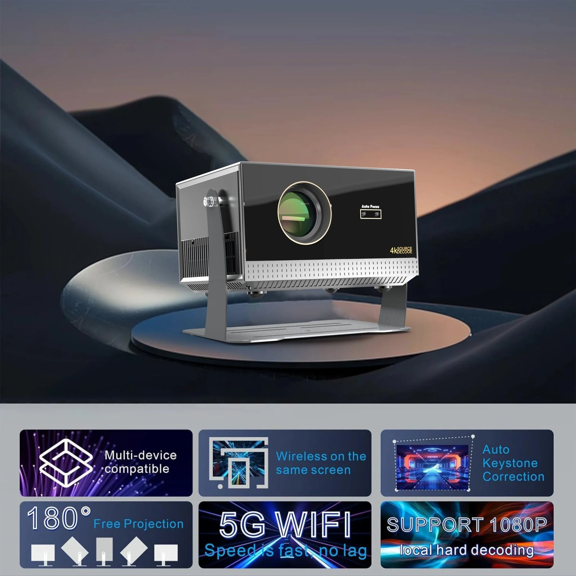 HKM-203667 Portable 1080P Full HD Home Theater Projector with Auto Focus and 5G WiFi Connectivity